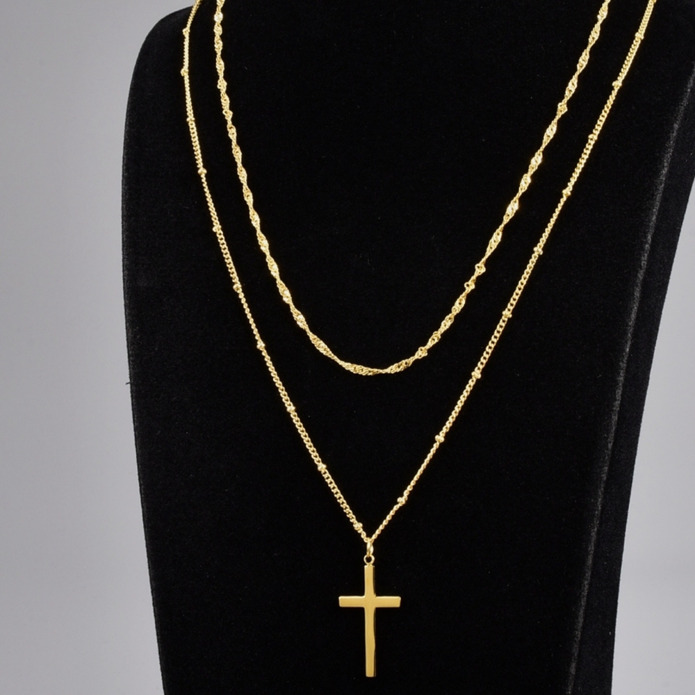 Double Layer Cross 18K Gold Plated Titanium Steel Necklace